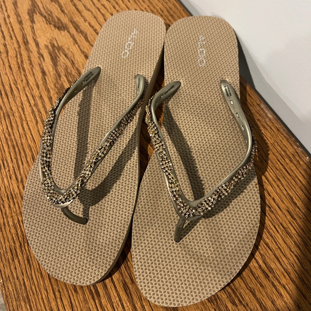 ALDO Beige Flip-Flop Sandals with Gold Beaded Straps
